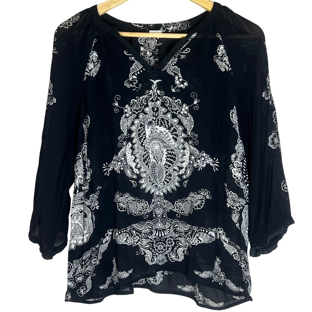 Bila Womens Black White Paisley Peacock Sequin Rayon Boho Blouse Top Fairy L